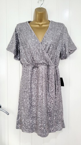 MELA LONDON size 10 silver full sequin faux wrap mini dress party evening NEW - Picture 3 of 5