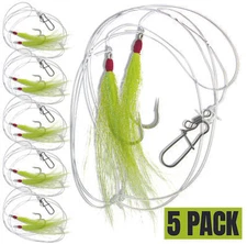 5 Pack Chartreuse  Fluke Flounder Hi/Lo Rig – Bucktail Teaser Hook – 5/0