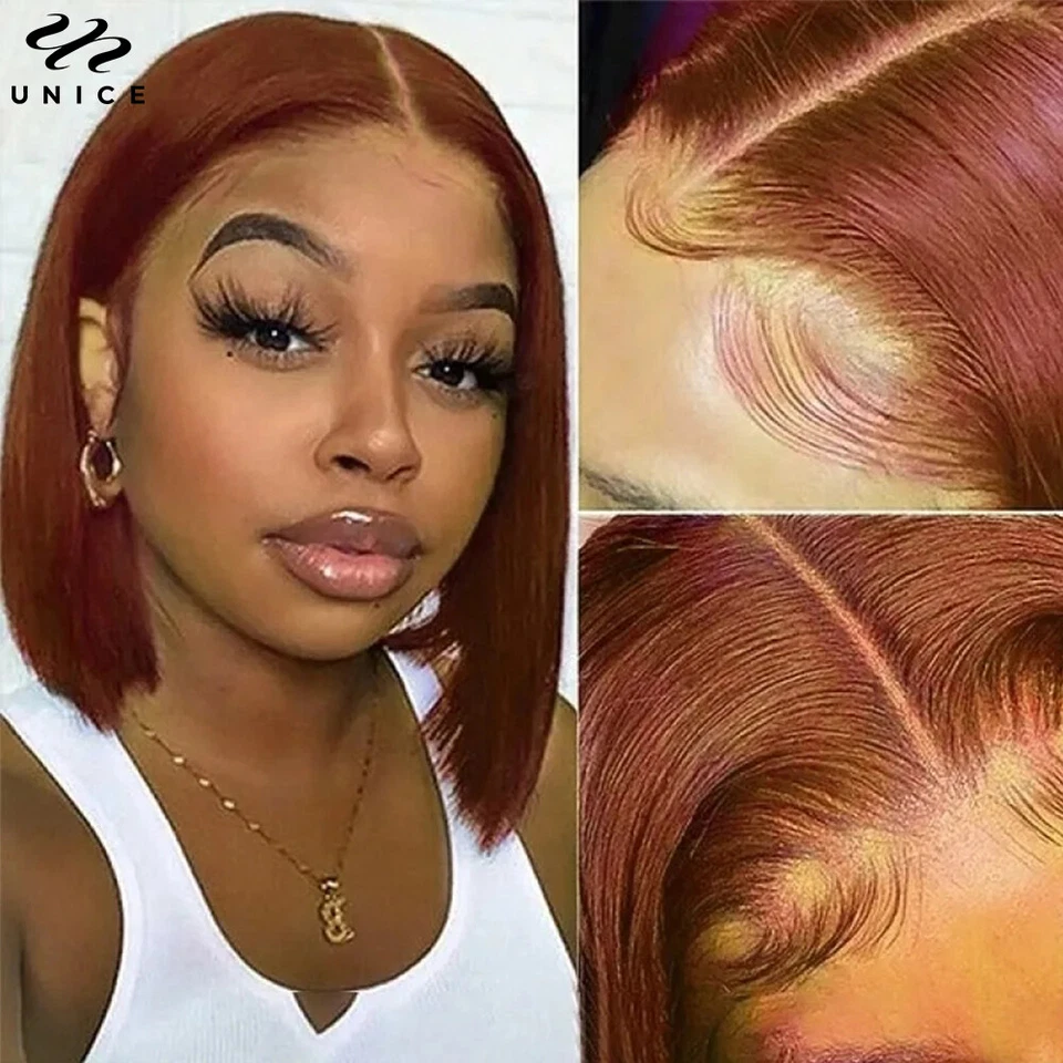 UNICES PELUCAS PERUANAS DE CABELLO HUMANO CON FRENTE DE ENCAJE RECTO BOB MARRÓN ROJIZO SIN PEGAMENTO EE. UU. Foto 4 de 4