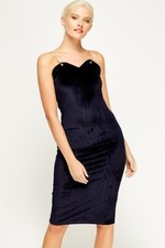 New Womens Chain Straps Velveteen Midi Dress Party Navy Colour Free P&P