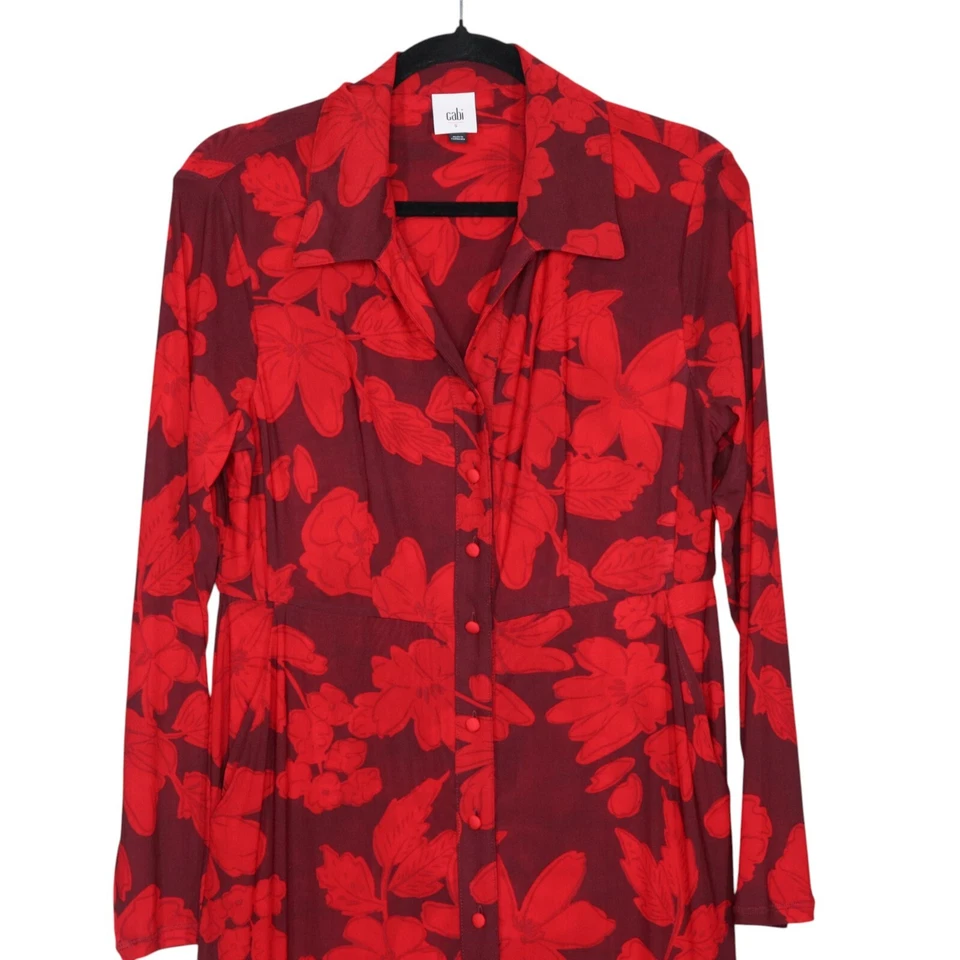 Vestido Camisa Cabi Mujer Talla S Rojo Floral Manga Larga Con Botones Midi Fluido Foto 2 de 4