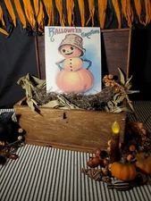 CUTE VINTAGE VICTORIAN PRIMITIVE STYLE PUMPKIN SNOWMAN HALLOWEEN GREETING SIGN