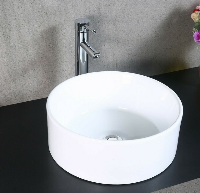 Bathroom Counter Top Ceramic White Gloss Round Bowl Basin Home