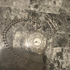 Quartz Silver Full Hunter Pocket Watch White Dial Arabic Numerals Chain