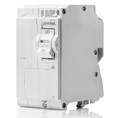 Leviton 60A 2-Pole Plug-On Standard Branch Circuit Breaker, 120/240 VAC, White