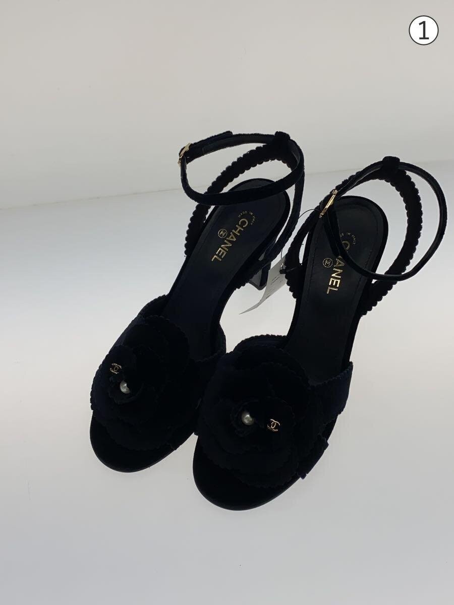 CHANEL Black Velvet Pearl Camellia Heel Sandals EU 37 Pre-Owned