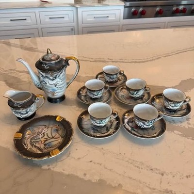Vtg Fleetwood China Hand Painted 3D Dragon Moriage Demi Tea Set