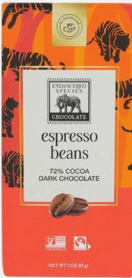9/26 12 Bars Endangered Species Dark Chocolate Bar with Espresso Beans (72% coco