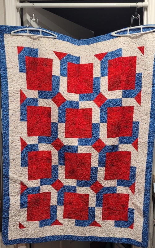 Beautiful Americana Red White Blue Geometric Handmade Patchwork Quilt 42x54in