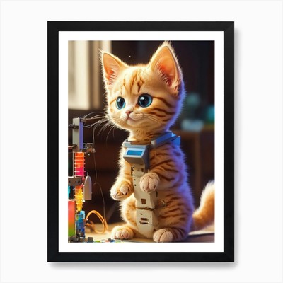 Katze im Labor 3D Druck Kunstdruck gerahmt Wandbild Poster Leinwanddruck Bild