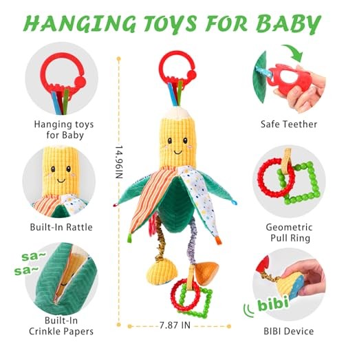 Baby Rattles Hanging Toys for Car Seat Crib Stroller Gym, Montessori Corn - Picture 5 of 7