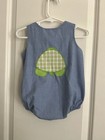 ZUCCINI-6M-Baby Boy Bubble Romper-Blue Mini-Check-Embroidered Turtle Front/Back — photo 2
