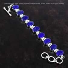925 Sterling Silver Oval Natural Lapis Lazuli Handmade Chain Bezel Boho Bracelet