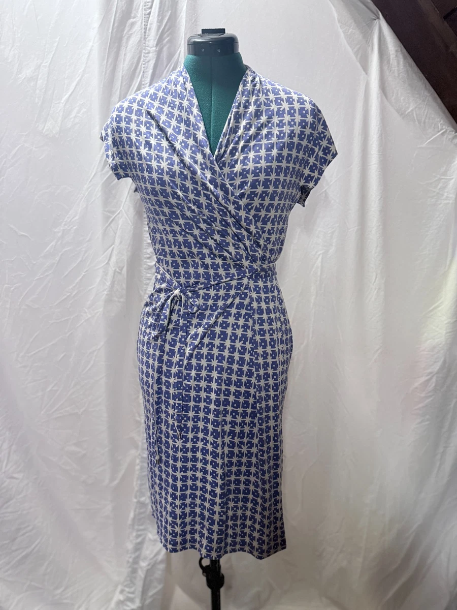 dvf wrap dress short sleeve Wrap Dress DVF Diane Von Furstenberg Vintage 1970s Made in Italy Knee Length Short Sleeves Knit Floral Navy Blue Cream Cotton Blend Size S M