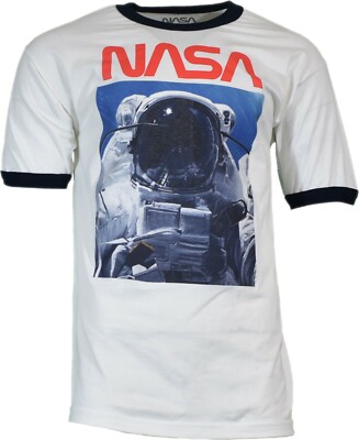MENS GRAPHIC SHIRT NASA Astronaut Print Crew Neck Tee White Shirt Blue Collar