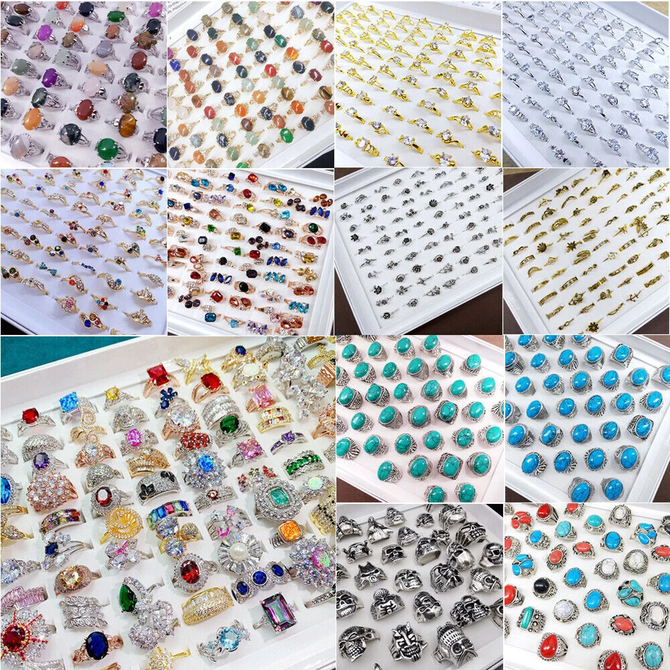 Lote de 100 piezas al por mayor de anillos mezclados de cristal colorido banda para dedos anillo joyería Foto 3 de 4