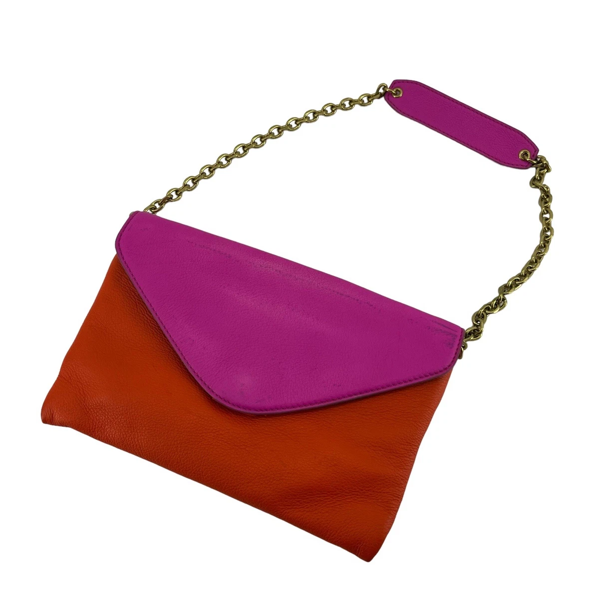 J Crew Leather Envelope Clutch Purse Chain Pink Orange Invitation