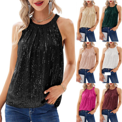 Women Sequins Glitter Christmas Blouse Party Christmas Cami