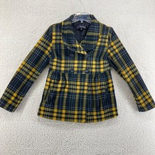Ci Sono Womens Sz M Black & Yelllow Plaid Fleece Pea Coat Jacket Clueless Trendy