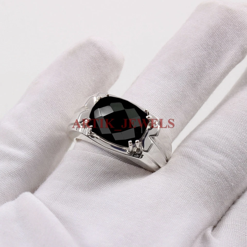 Anello In Argento Sterling 925 Con Gemma In Onice Nero Naturale Per Uomo #5088 - Immagine 3 di 4