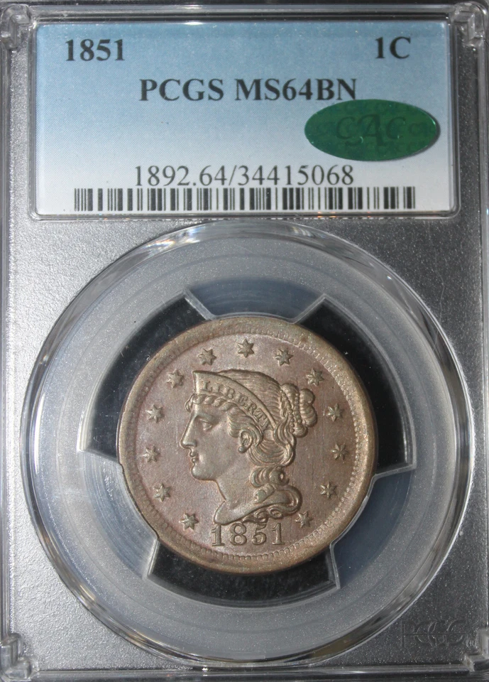 1851 MS64BN Braided Hair Large Cent, PCGS 34415068, CAC - Image 3 of 4