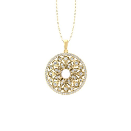 Round Lab Grown Diamond & Pearl 10K Yellow Gold Pendant 18" Silver Cable Chain