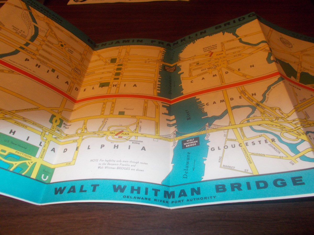1957 Delaware River Bridges/ Philadelphia Vintage Road Map and