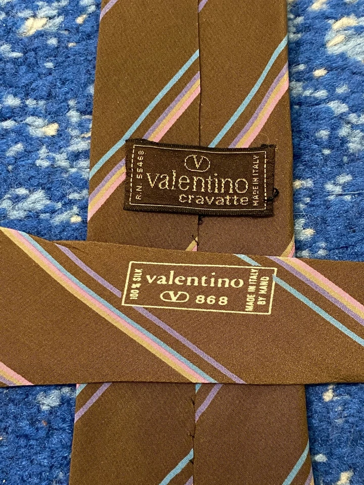 Vintage Valentino Brown Pink Blue Purple Tan Bias Stripe Logo Silk Necktie Italy - Image 4 of 4