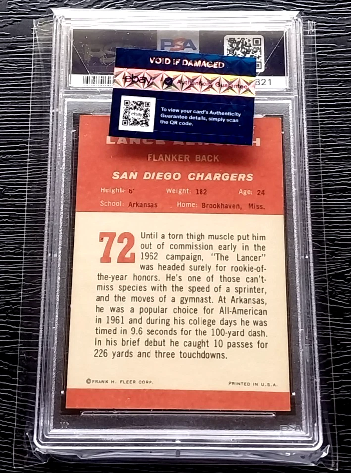 1963 FLEER LANCE ALWORTH ROOKIE FOOTBALL CARD #72 ***NO CREASES*** PSA 4 VGEX - Image 3 of 4