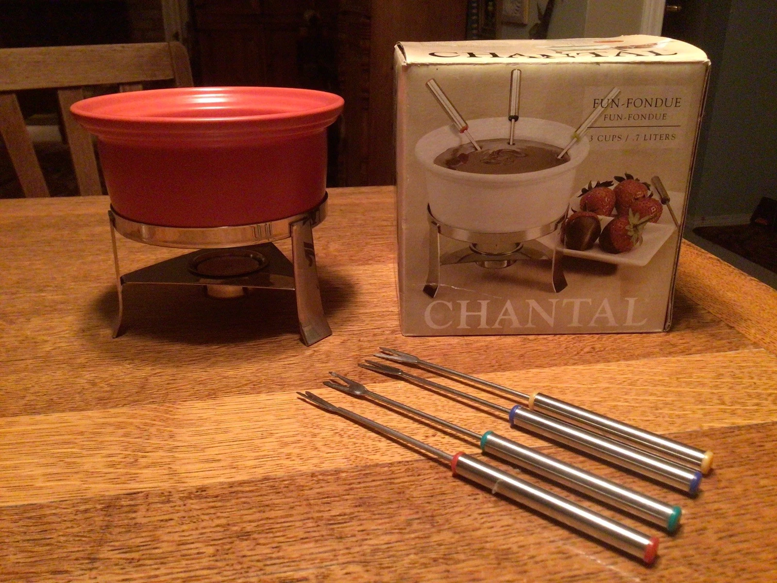 CHANTAL Fun Fondue RED 3c. Stainless Steel Stand & Forks NEW / Opened Box