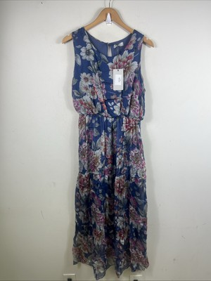 #ad Lara G Womens Floral Silk Blend Blouson Maxi Dress Size XL Blue Pink Lightweight $12.90