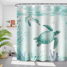 Sea Turtle Shower Curtain - Blue Ocean Beach Teal Fabric Bath Curtains Set wi...