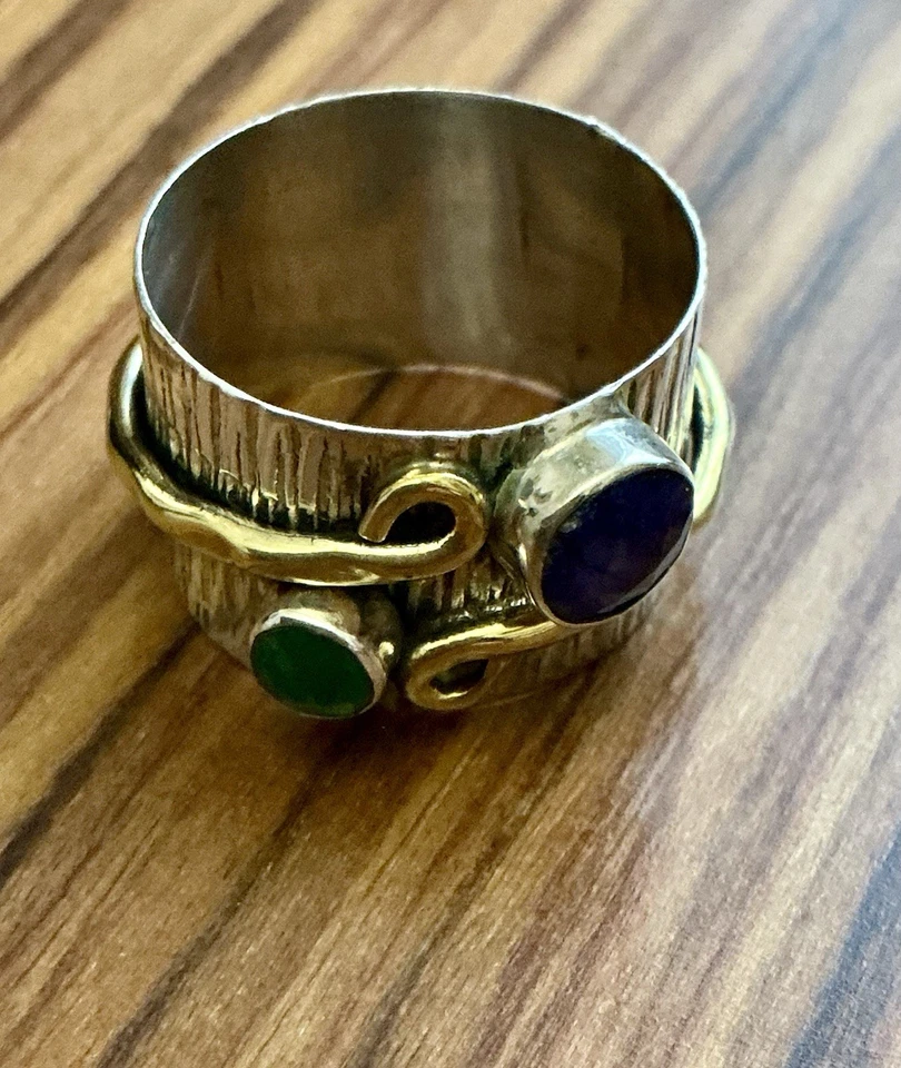 SAPHIR ÉMERAUDE, VERMEIL, ARGENT MASSIF OUVRAGÉ, Large BAGUE ANCIENNE Art Deco - Photo 2/4