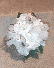 NEW 5" Artificial White Rose Wrist Corsage W/Butterflies White Iridescent Bow