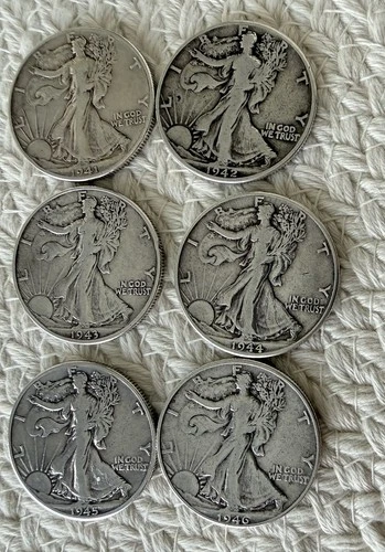 6 SILVER Walking Liberty Half Dollars ~ Consecutive 1941 -1946 (Unrated XF/VF)