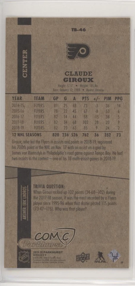 2019-20 Upper Deck Parkhurst Tallboys Tier 2 Claude Giroux #TB-46 - Image 2 of 2
