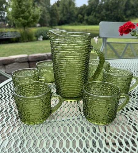 Vintage 1970’s~Anchor Hocking~Soreno~Avocado Green Juice Pitcher & 6 Cups~G22