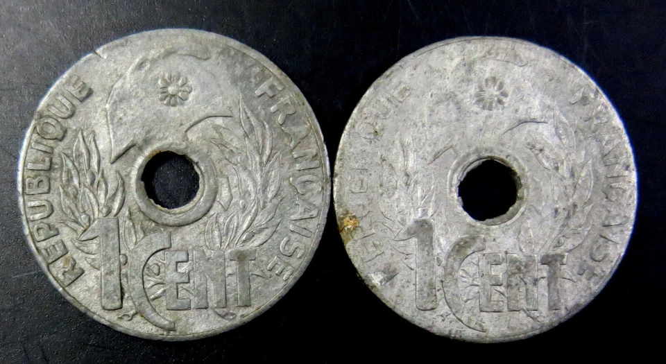 French Indochina 1941, 1 Cent Zinc Coin, 11 Petals KM 24.3 Lot of 2 Coins - Image 2 of 2
