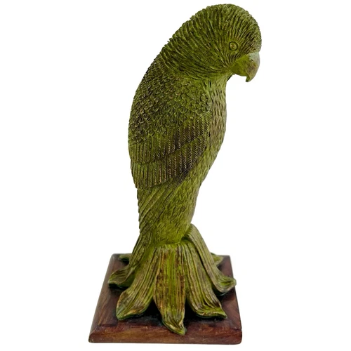 Parakeet Parrot Bird Figurine Sculpture Green Gold Resin British Colonial 8"