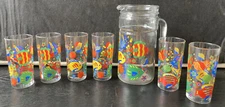Vintage Lemonade 36oz Pitcher and 8oz 6, Glasses Fish Motif - Made in Italy