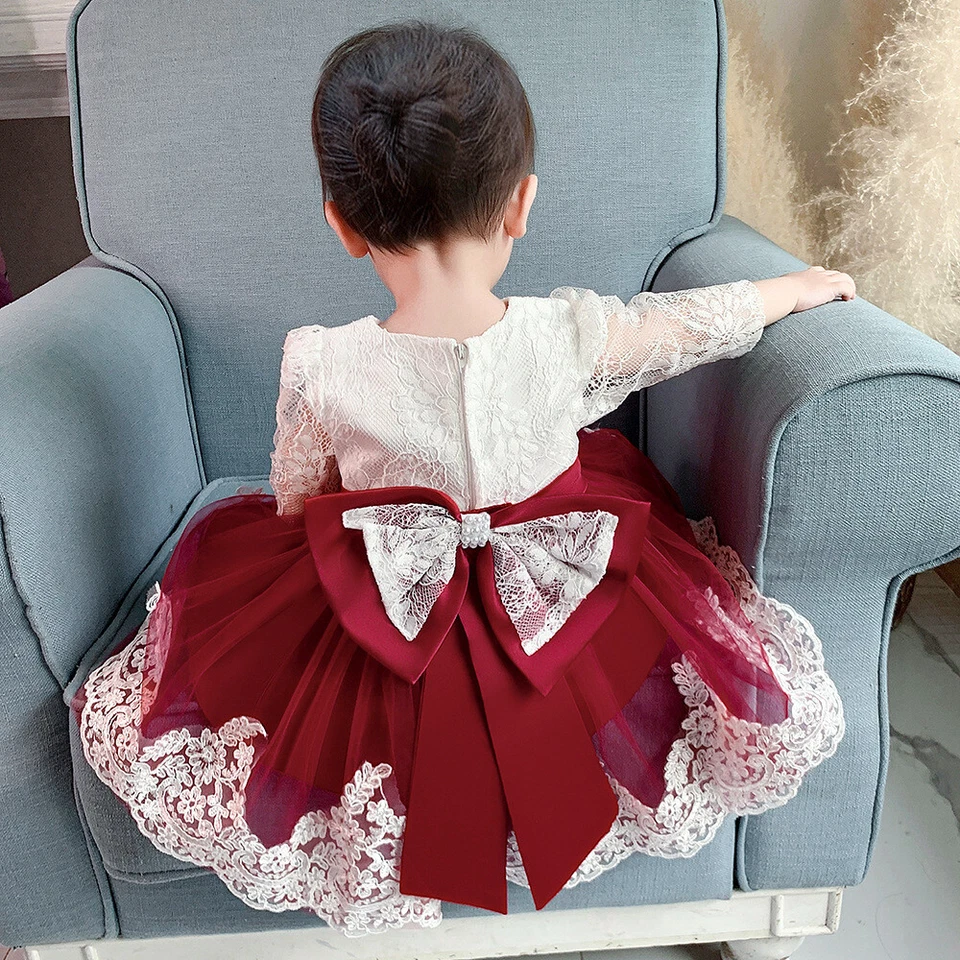 Newborn Long Sleeve Baby Girls Dress Party Wedding Bow Lace Infant Baptism Dress - Image 3 of 4