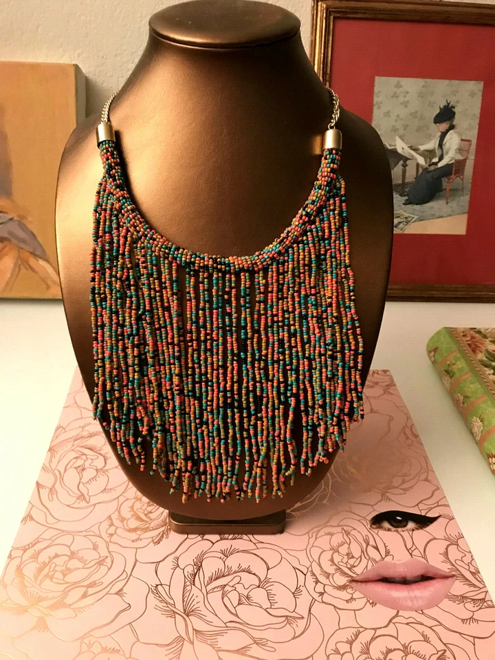 Collar Artesanal Africano Naranja Verde Rosa Negro Tribal Cuentas Foto 2 de 4