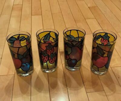 4 Vintage 60's 70's Tiffany Stained Glass Style Multi Colored Fruit GLASSES  | eBay