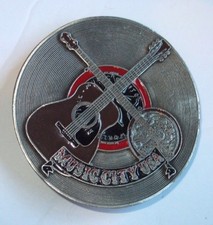 Music City USA Metal Belt Buckle By Jimm Watson Vintage Dated 1974 Record Guitar