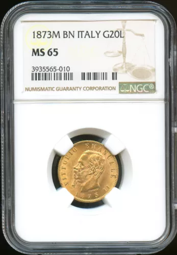 Italy Vittorio Emanuel II (1861-1878) 20 Lire Gold 1873 Milan NGC Ms 65 Km 10.3