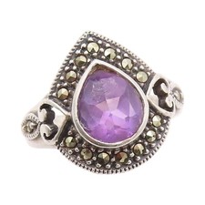 925 Sterling Silver Vintage Ring Drop Cut Amethyst Halo Marcasite SZ 7 RG32027