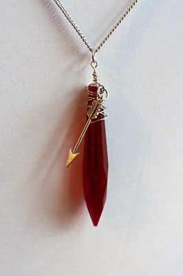 Blood Red long chandelier glass pendant on Silver tone chain with Arrow Charm
