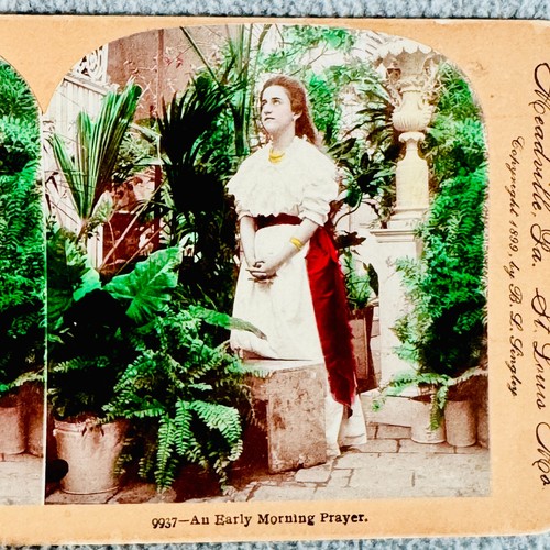 An Early Morning Prayer 1899 Stereoview Card #9377 Keystone Pretty Girl Praying - Picture 2 of 6