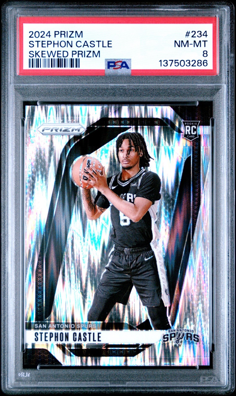 STEPHON CASTLE 2024 PANINI PRIZM SPURS RC #234 SKEWED /249 ROOKIE PSA 8