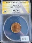 1909 VDB Lincoln Wheat Cent 1c Penny ANACS AU50 AU 50 Details ESTATE COIN 2181